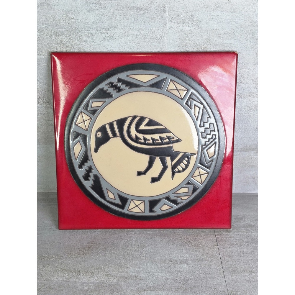 Native American Southwestern Pueblo Pottery Bird Red Glazed Tile Made In Italy